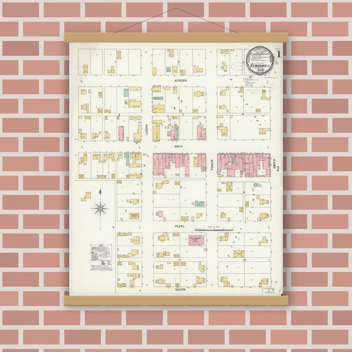 Old map wall art mockup — magnetic wood frame on brick wall — Sanborn Fire Insurance Map from Kewanna, Fulton County, Indiana (1899) - Complete Map Set