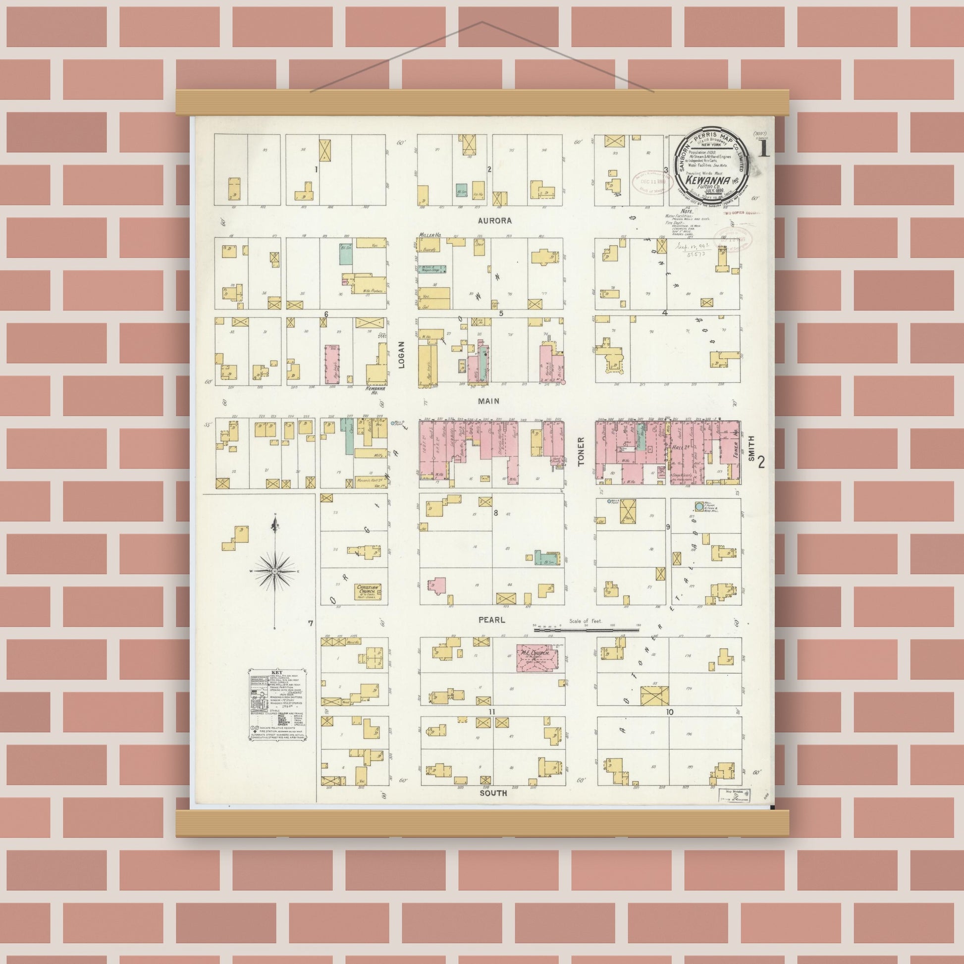 Old map wall art mockup — magnetic wood frame on brick wall — Sanborn Fire Insurance Map from Kewanna, Fulton County, Indiana (1899) - Complete Map Set