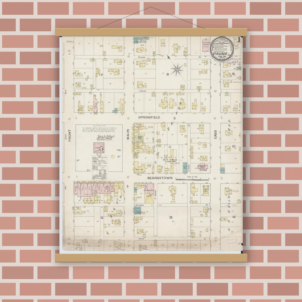 Old map wall art mockup — magnetic wood frame on brick wall — Sanborn Fire Insurance Map from Virginia, Cass County, Illinois (1887) - Complete Map Set