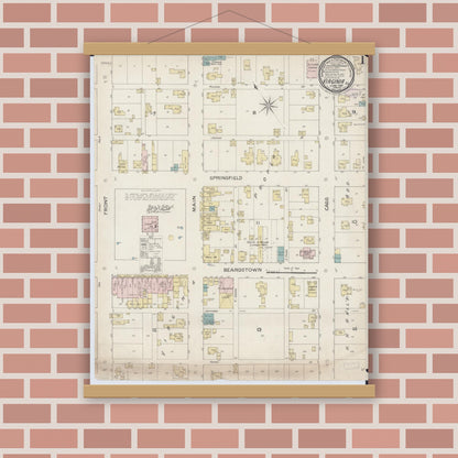 Old map wall art mockup — magnetic wood frame on brick wall — Sanborn Fire Insurance Map from Virginia, Cass County, Illinois (1887) - Complete Map Set