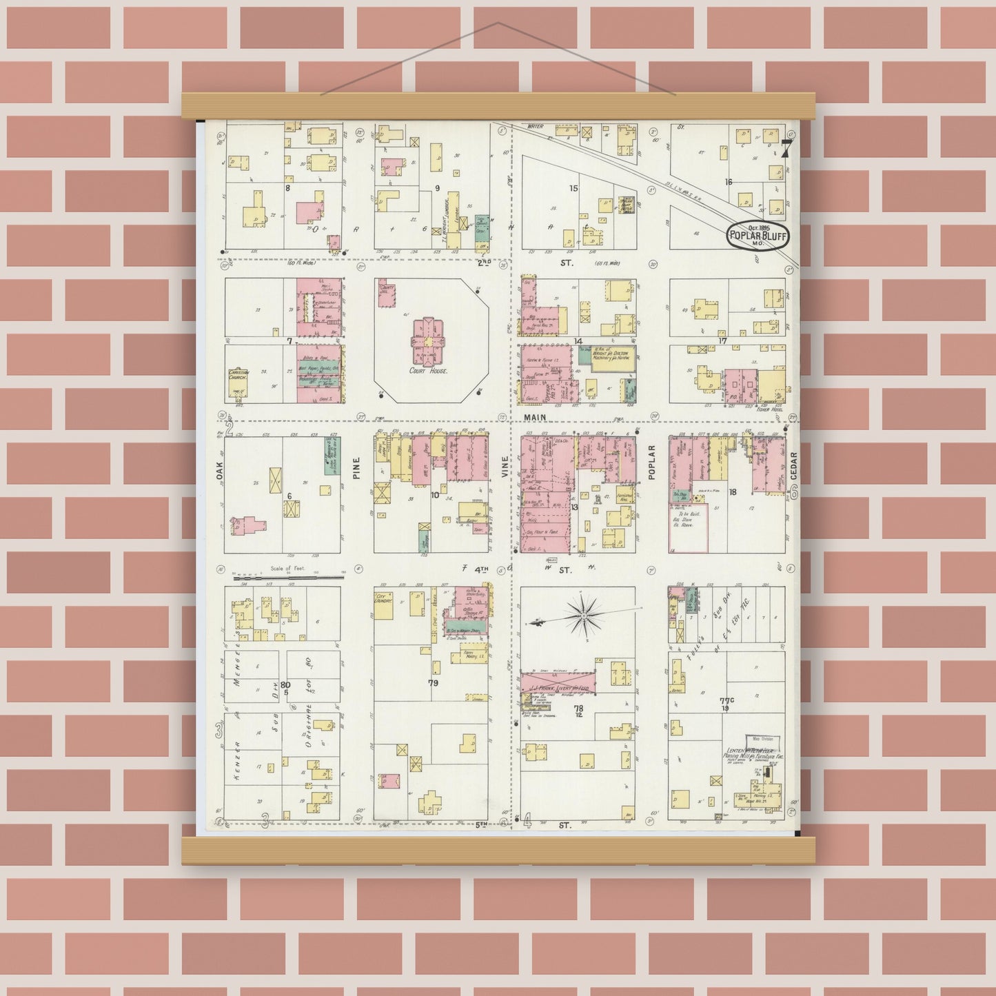 Old map wall art mockup — magnetic wood frame on brick wall — Sanborn Fire Insurance Map from Poplar Bluff, Butler County, Missouri (1895), Sheet #0007