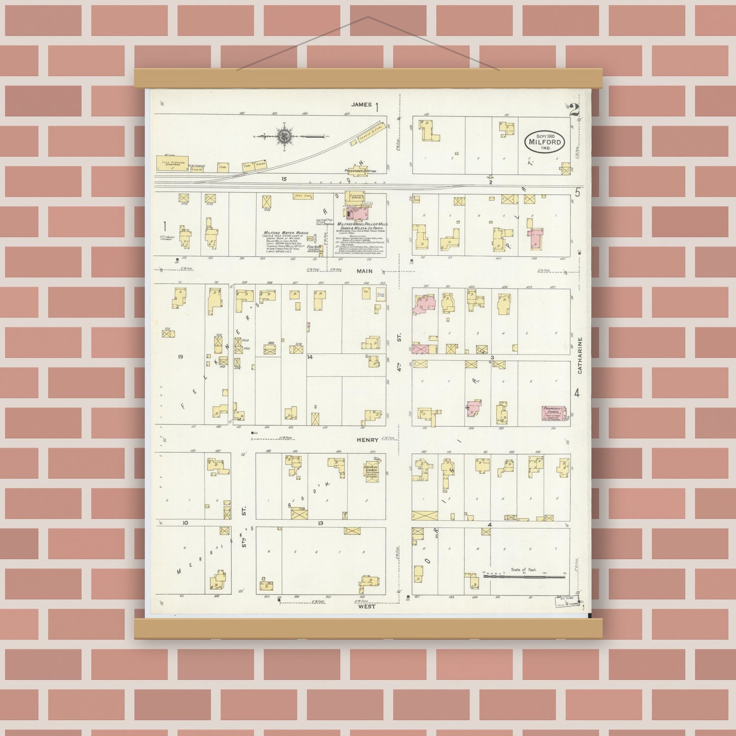 Old map wall art mockup — magnetic wood frame on brick wall — Sanborn Fire Insurance Map from Milford, Kosciusko County, Indiana (1910), Sheet #0002