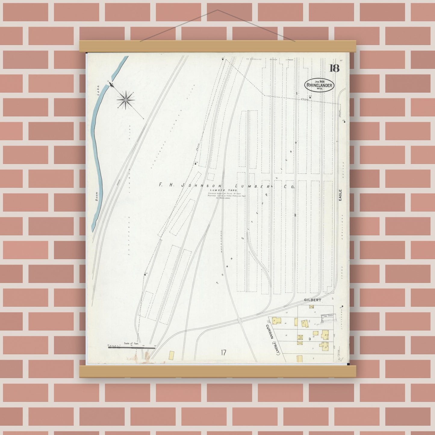 Old map wall art mockup — magnetic wood frame on brick wall — Sanborn Fire Insurance Map from Rhinelander, Oneida County, Wisconsin (1908), Sheet #0018