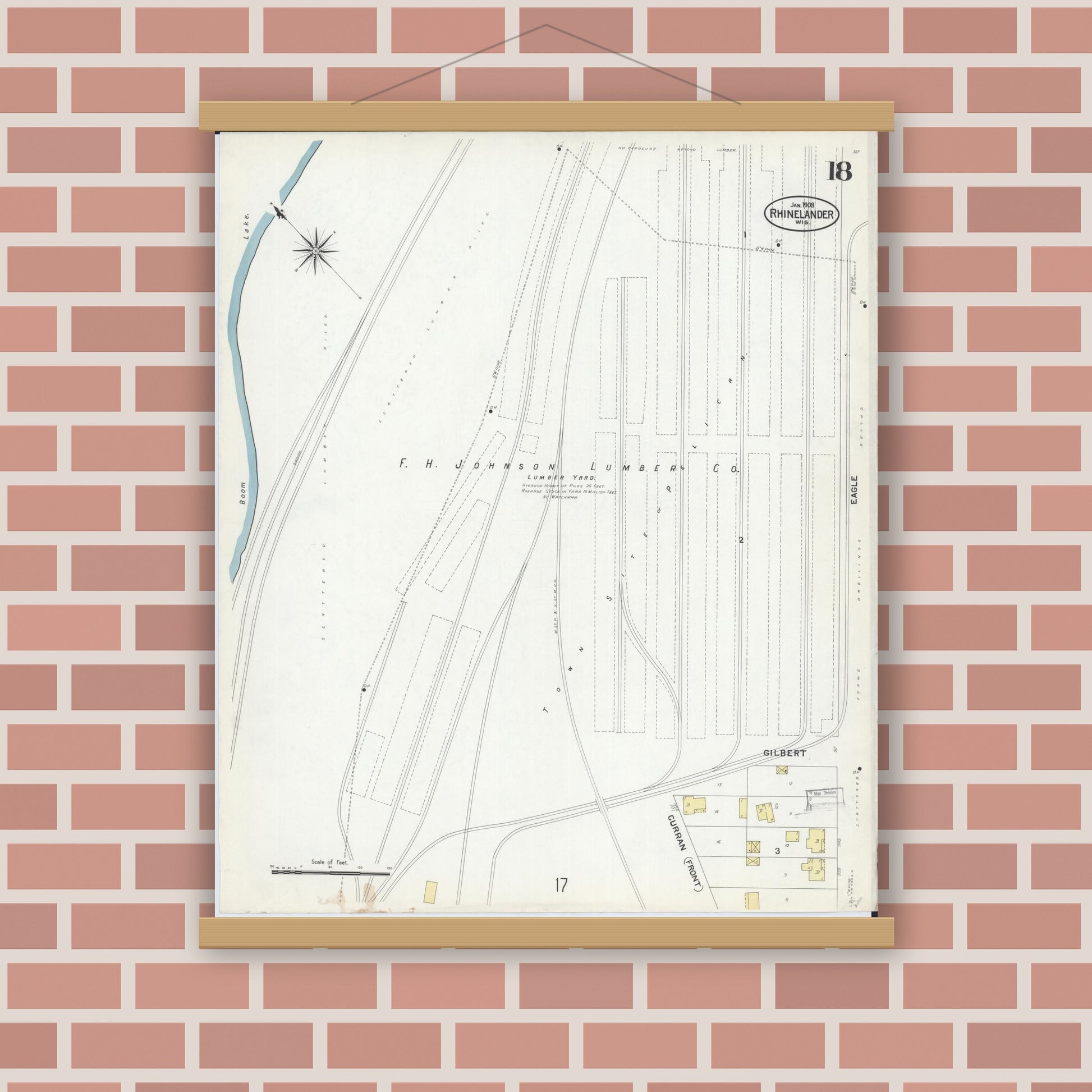 Old map wall art mockup — magnetic wood frame on brick wall — Sanborn Fire Insurance Map from Rhinelander, Oneida County, Wisconsin (1908), Sheet #0018