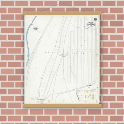 Old map wall art mockup — magnetic wood frame on brick wall — Sanborn Fire Insurance Map from Rhinelander, Oneida County, Wisconsin (1908), Sheet #0018