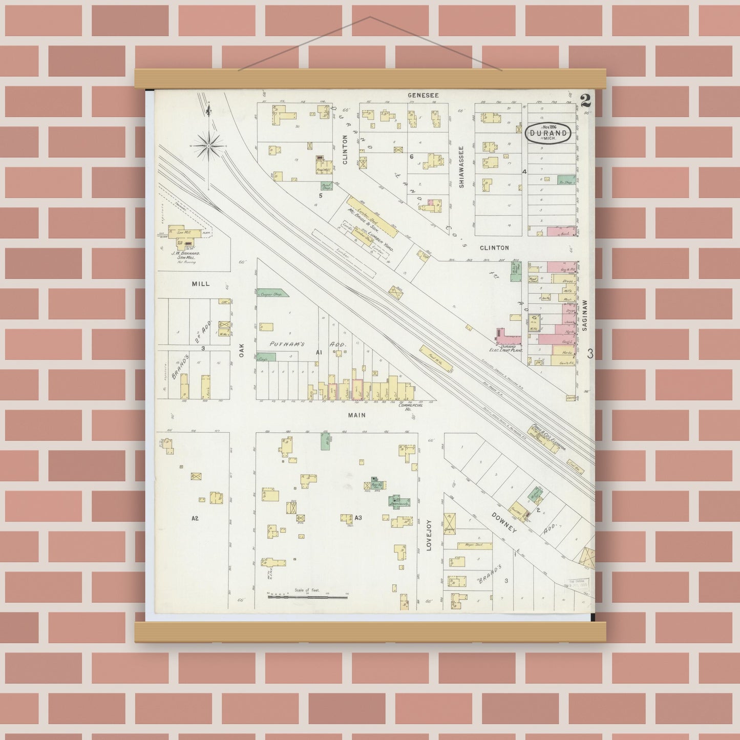 Old map wall art mockup — magnetic wood frame on brick wall — Sanborn Fire Insurance Map from Durand, Shiawassee County, Michigan (1896), Sheet #0002