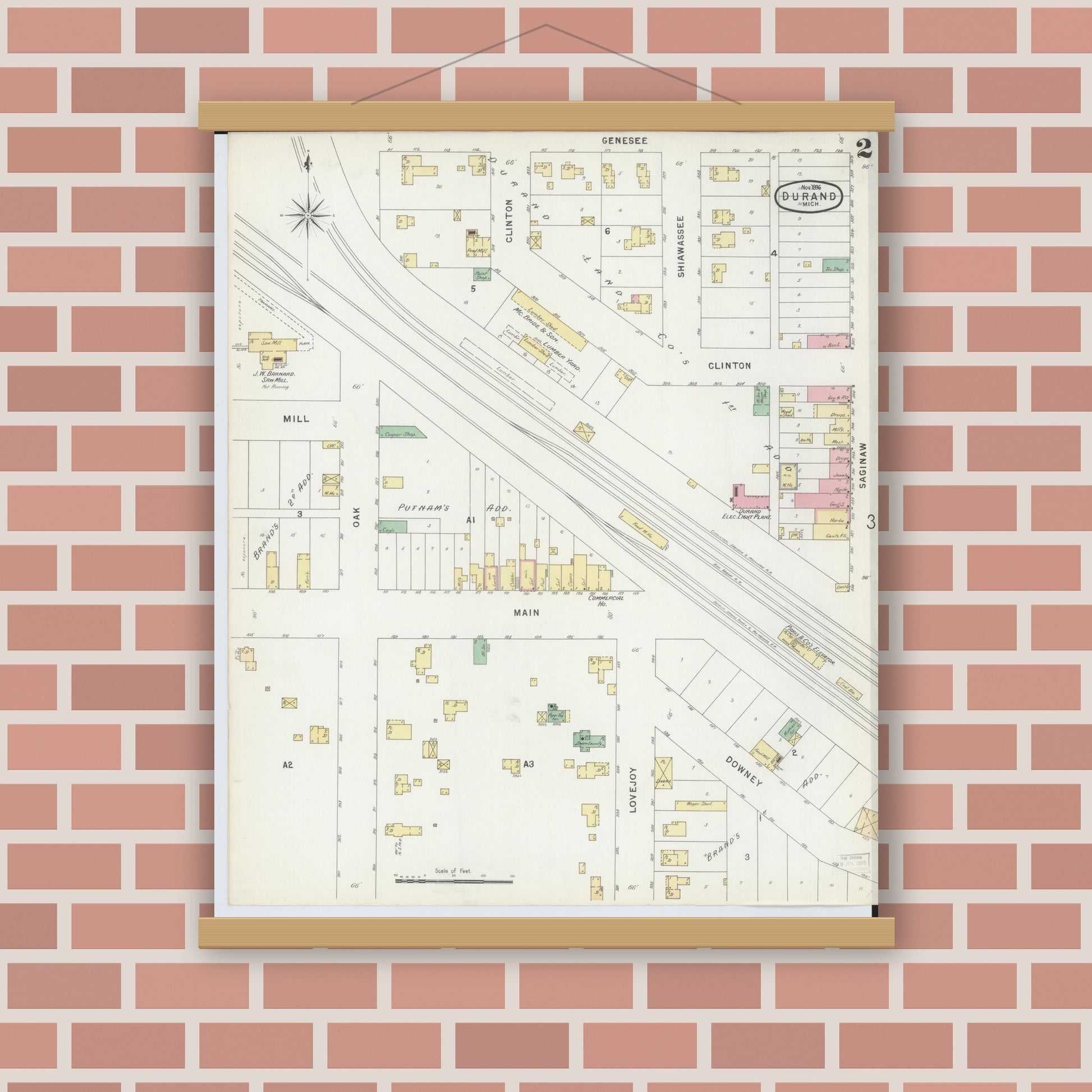 Old map wall art mockup — magnetic wood frame on brick wall — Sanborn Fire Insurance Map from Durand, Shiawassee County, Michigan (1896), Sheet #0002