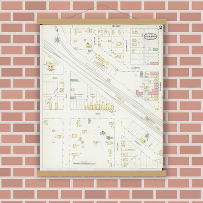 Old map wall art mockup — magnetic wood frame on brick wall — Sanborn Fire Insurance Map from Durand, Shiawassee County, Michigan (1896), Sheet #0002