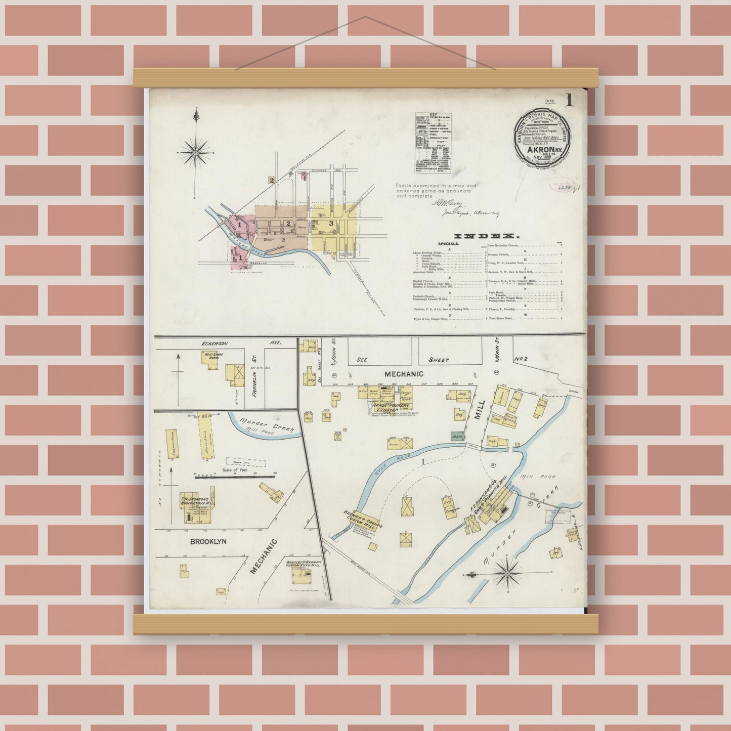 Old map wall art mockup — magnetic wood frame on brick wall — Sanborn Fire Insurance Map from Akron, Erie County, New York (1889) - Complete Map Set