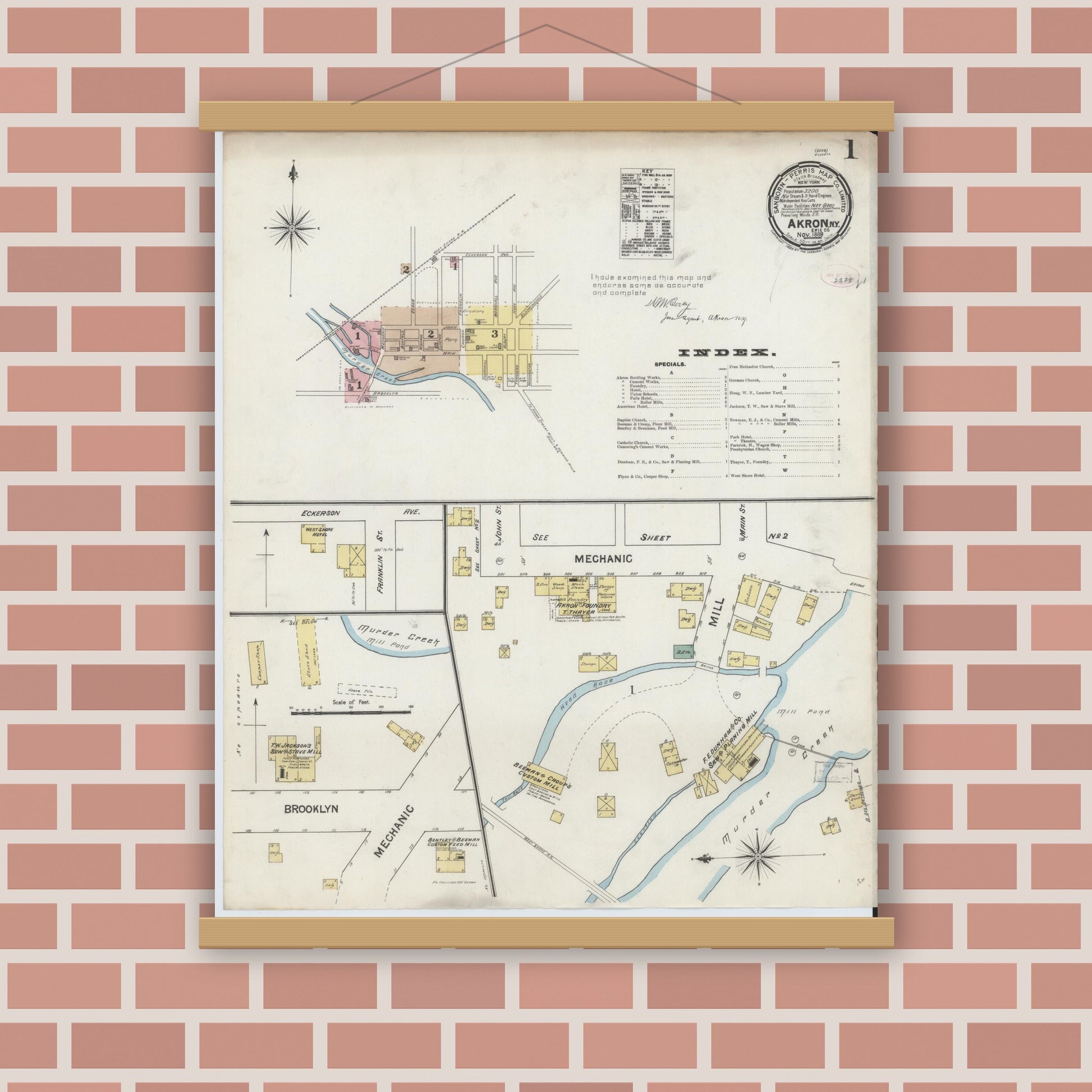 Old map wall art mockup — magnetic wood frame on brick wall — Sanborn Fire Insurance Map from Akron, Erie County, New York (1889) - Complete Map Set
