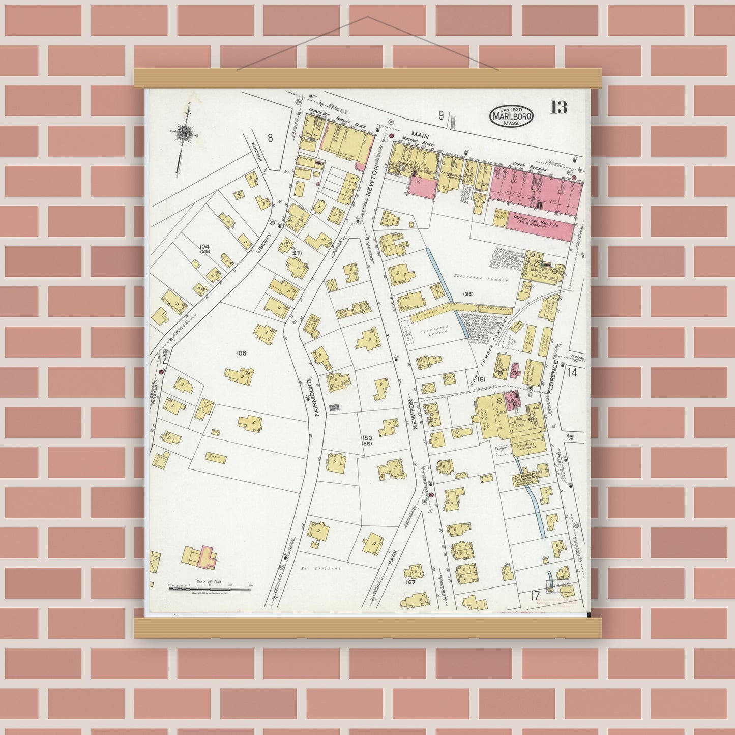 Old map wall art mockup — magnetic wood frame on brick wall — Sanborn Fire Insurance Map from Marlborough, Middlesex County, Massachusetts (1920), Sheet #0013