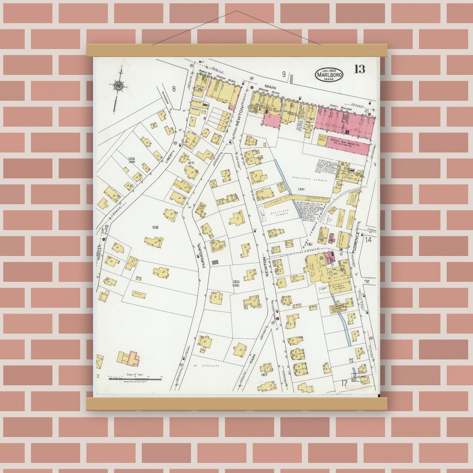 Old map wall art mockup — magnetic wood frame on brick wall — Sanborn Fire Insurance Map from Marlborough, Middlesex County, Massachusetts (1920), Sheet #0013