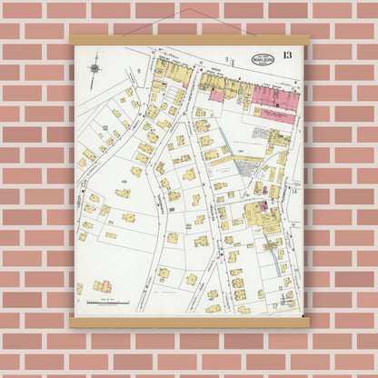 Old map wall art mockup — magnetic wood frame on brick wall — Sanborn Fire Insurance Map from Marlborough, Middlesex County, Massachusetts (1920), Sheet #0013