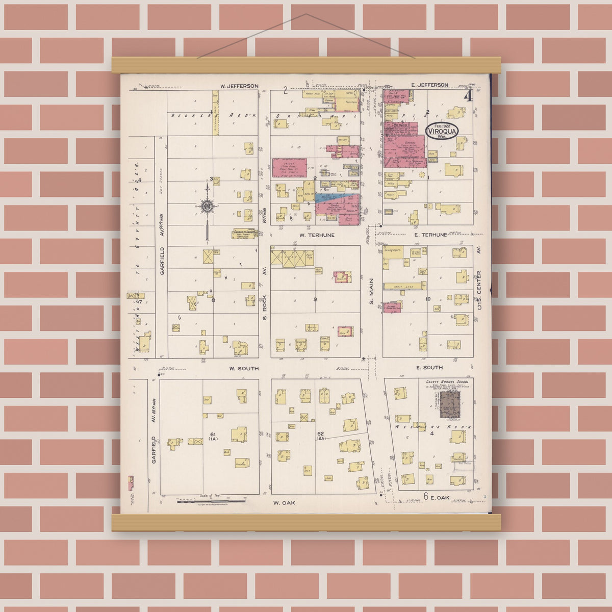 Old map wall art mockup — magnetic wood frame on brick wall — Sanborn Fire Insurance Map from Viroqua, Vernon County, Wisconsin (1922), Sheet #0004