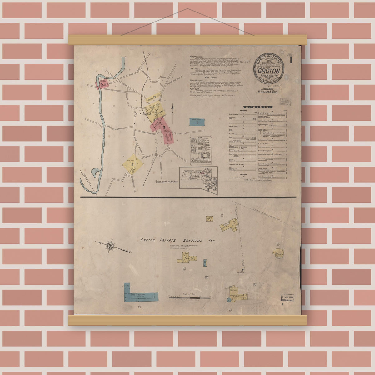 Old map wall art mockup — magnetic wood frame on brick wall — Sanborn Fire Insurance Map from Groton, Middlesex County, Massachusetts (1921) - Complete Map Set
