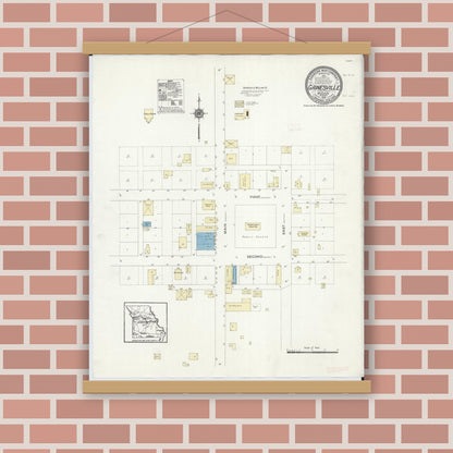 Old map wall art mockup — magnetic wood frame on brick wall — Sanborn Fire Insurance Map from Gainesville, Ozark County, Missouri (1912), Sheet #0001