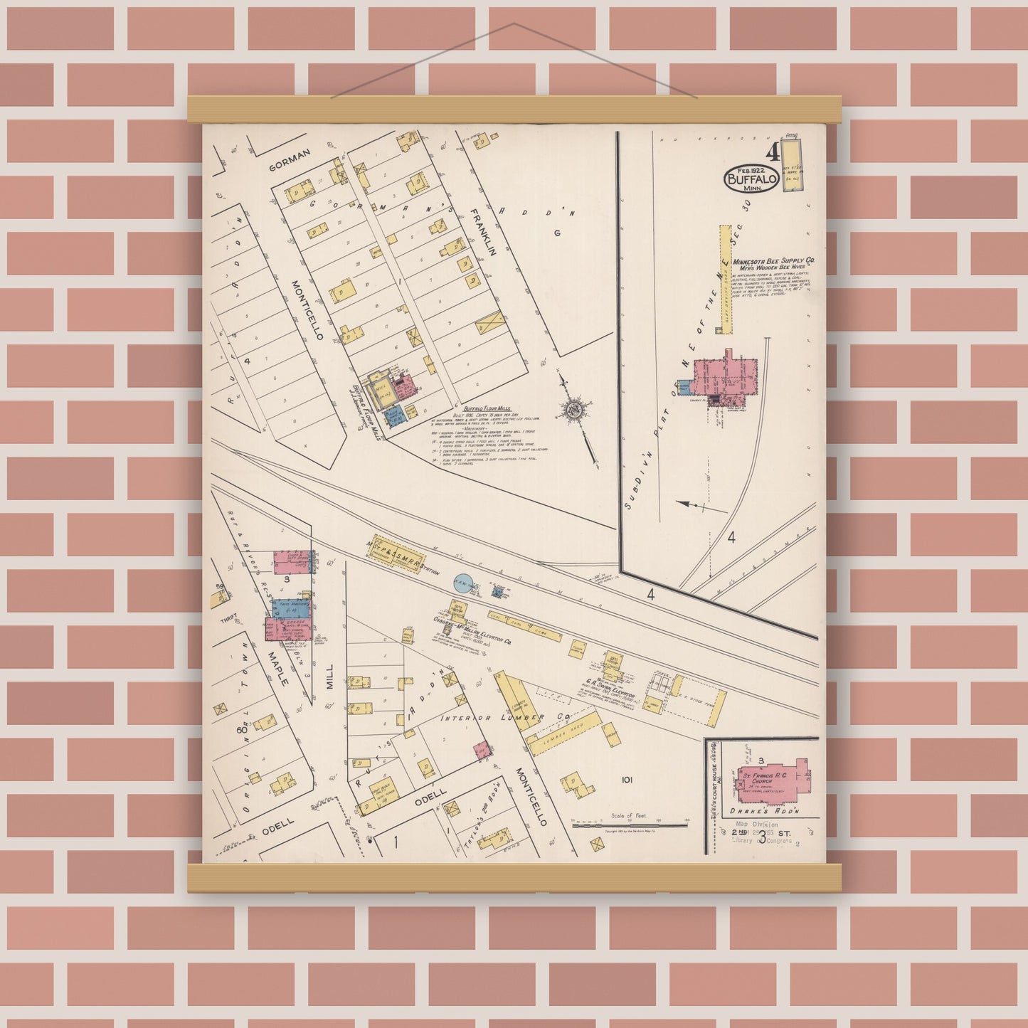 Old map wall art mockup — magnetic wood frame on brick wall — Sanborn Fire Insurance Map from Buffalo, Wright County, Minnesota (1922), Sheet #0004