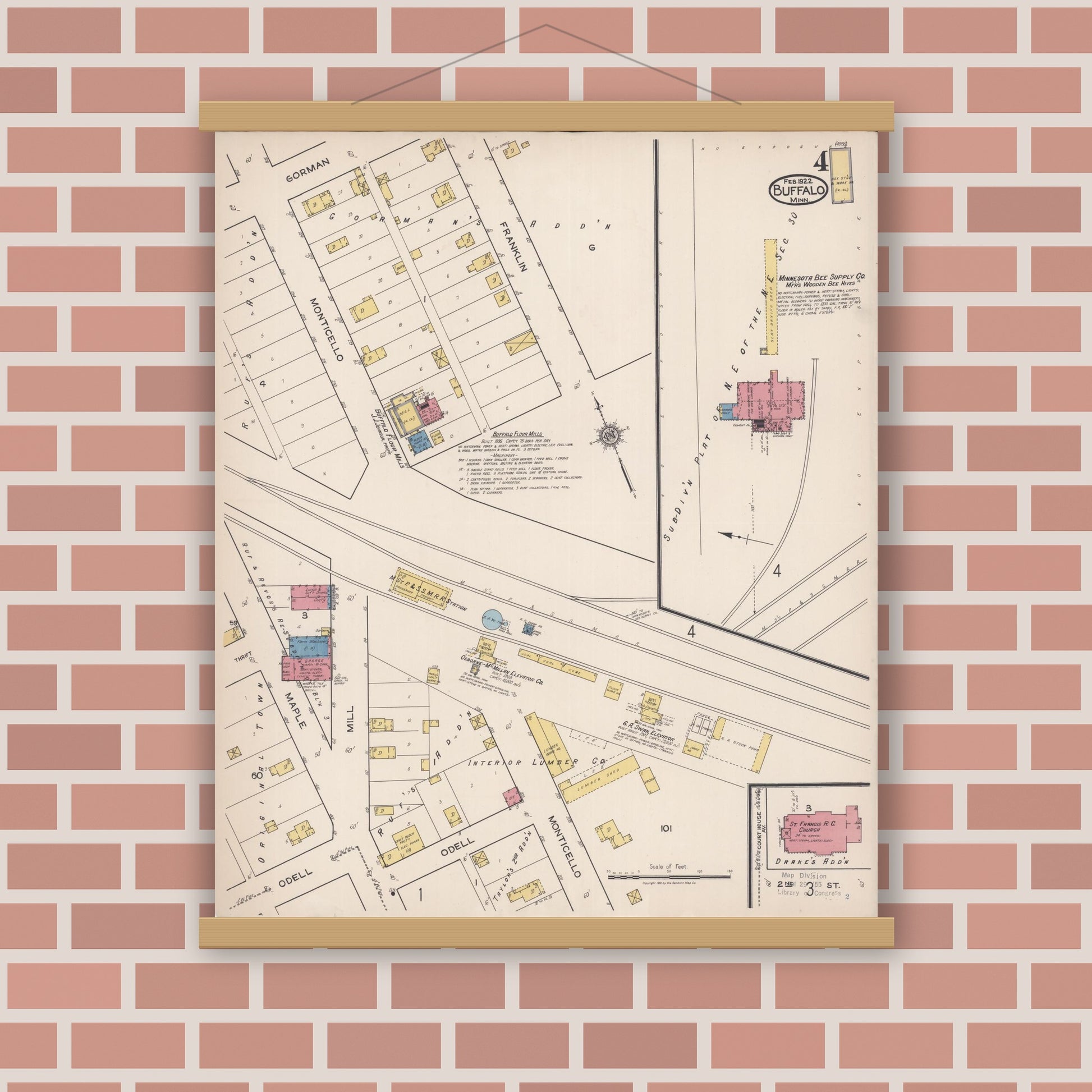 Old map wall art mockup — magnetic wood frame on brick wall — Sanborn Fire Insurance Map from Buffalo, Wright County, Minnesota (1922), Sheet #0004