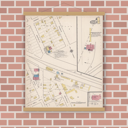 Old map wall art mockup — magnetic wood frame on brick wall — Sanborn Fire Insurance Map from Buffalo, Wright County, Minnesota (1922), Sheet #0004