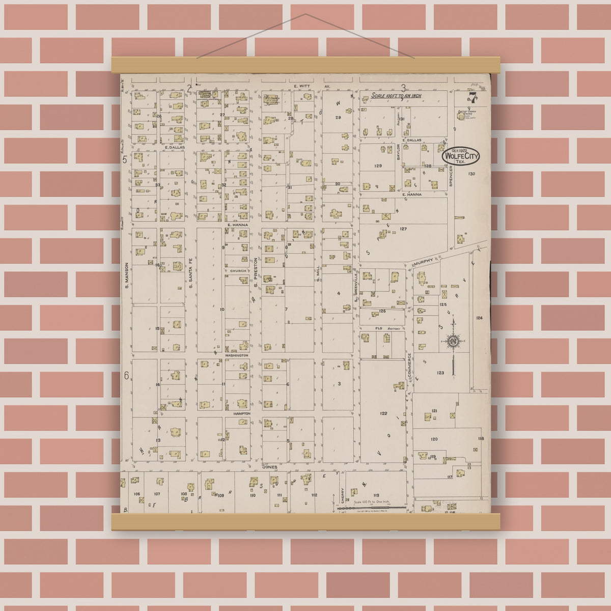 Old map wall art mockup — magnetic wood frame on brick wall — Sanborn Fire Insurance Map from Wolfe City, Hunt County, Texas (1922), Sheet #0007