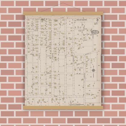 Old map wall art mockup — magnetic wood frame on brick wall — Sanborn Fire Insurance Map from Wolfe City, Hunt County, Texas (1922), Sheet #0007