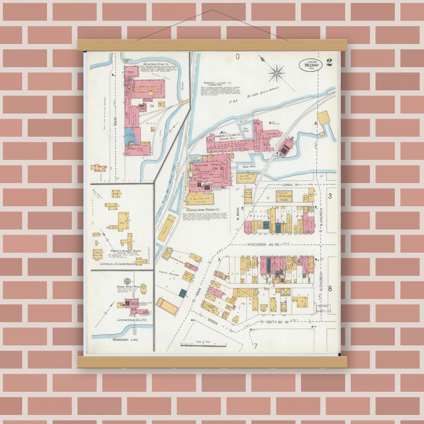 Old map wall art mockup — magnetic wood frame on brick wall — Sanborn Fire Insurance Map from Neenah, Winnebago County, Wisconsin (1906), Sheet #0002