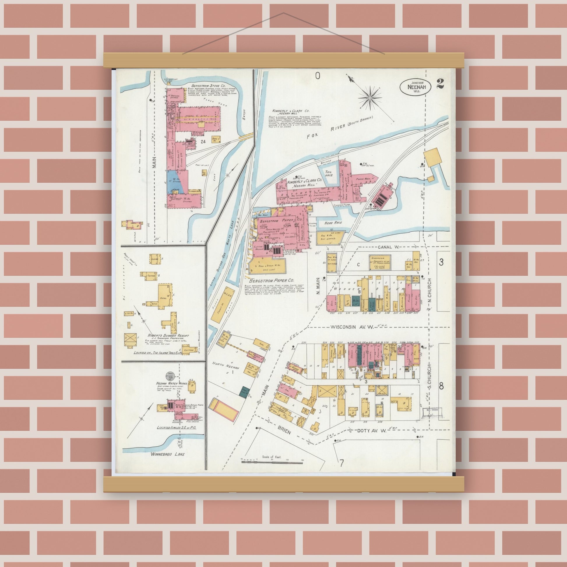 Old map wall art mockup — magnetic wood frame on brick wall — Sanborn Fire Insurance Map from Neenah, Winnebago County, Wisconsin (1906), Sheet #0002