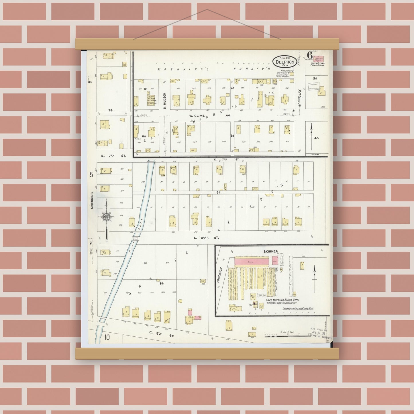 Old map wall art mockup — magnetic wood frame on brick wall — Sanborn Fire Insurance Map from Delphos, Van Wert And Allen Counties, Ohio (1911), Sheet #0006