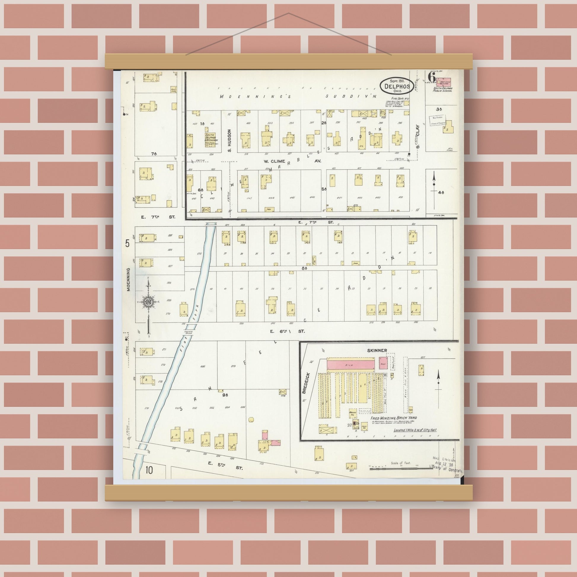 Old map wall art mockup — magnetic wood frame on brick wall — Sanborn Fire Insurance Map from Delphos, Van Wert And Allen Counties, Ohio (1911), Sheet #0006