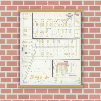 Old map wall art mockup — magnetic wood frame on brick wall — Sanborn Fire Insurance Map from Delphos, Van Wert And Allen Counties, Ohio (1911), Sheet #0006