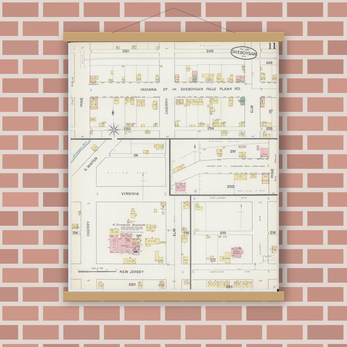Old map wall art mockup — magnetic wood frame on brick wall — Sanborn Fire Insurance Map from Sheboygan, Sheboygan County, Wisconsin (1887), Sheet #0011