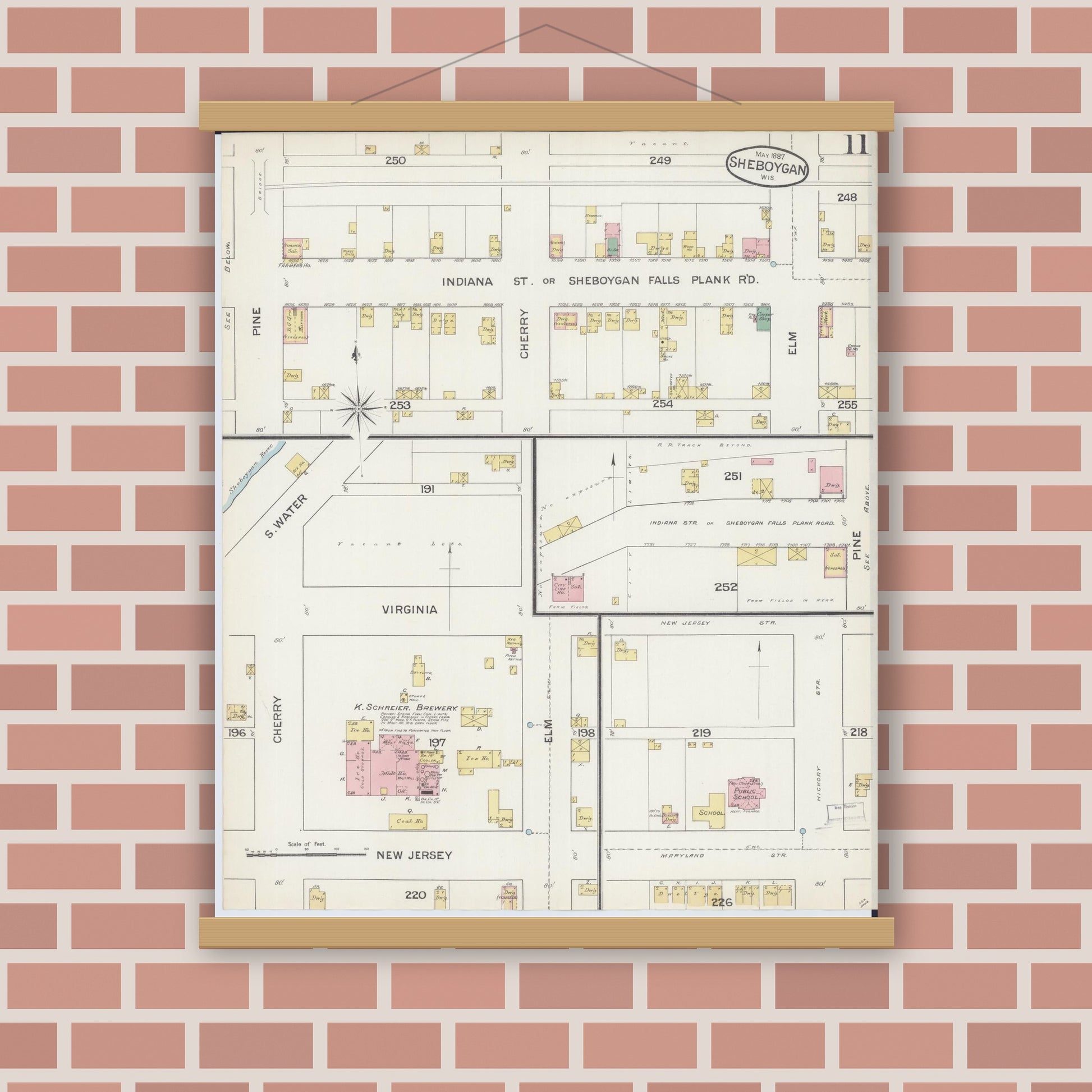 Old map wall art mockup — magnetic wood frame on brick wall — Sanborn Fire Insurance Map from Sheboygan, Sheboygan County, Wisconsin (1887), Sheet #0011