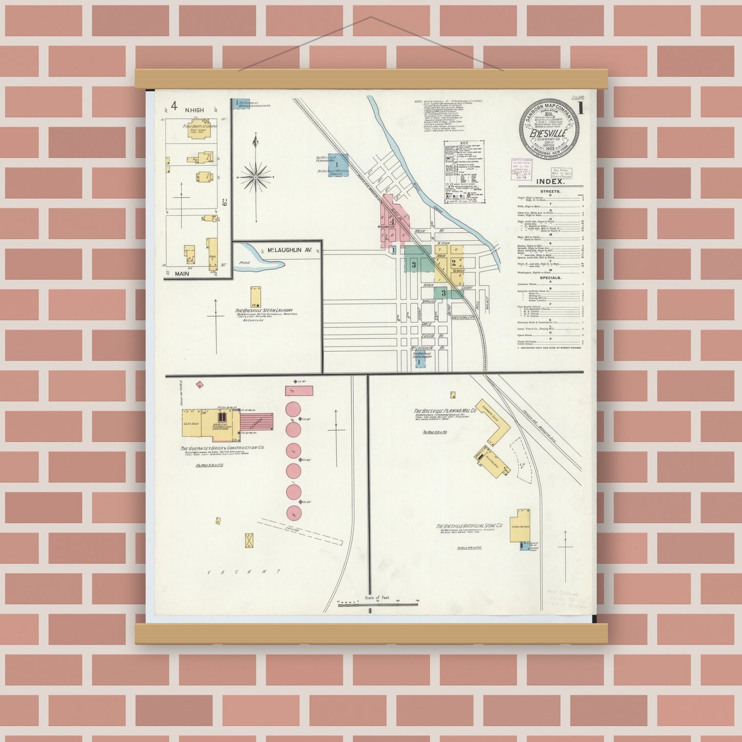 Old map wall art mockup — magnetic wood frame on brick wall — Sanborn Fire Insurance Map from Byesville, Guernsey County, Ohio (1905), Sheet #0001