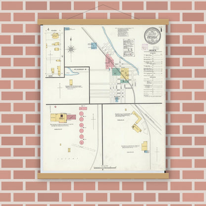 Old map wall art mockup — magnetic wood frame on brick wall — Sanborn Fire Insurance Map from Byesville, Guernsey County, Ohio (1905), Sheet #0001