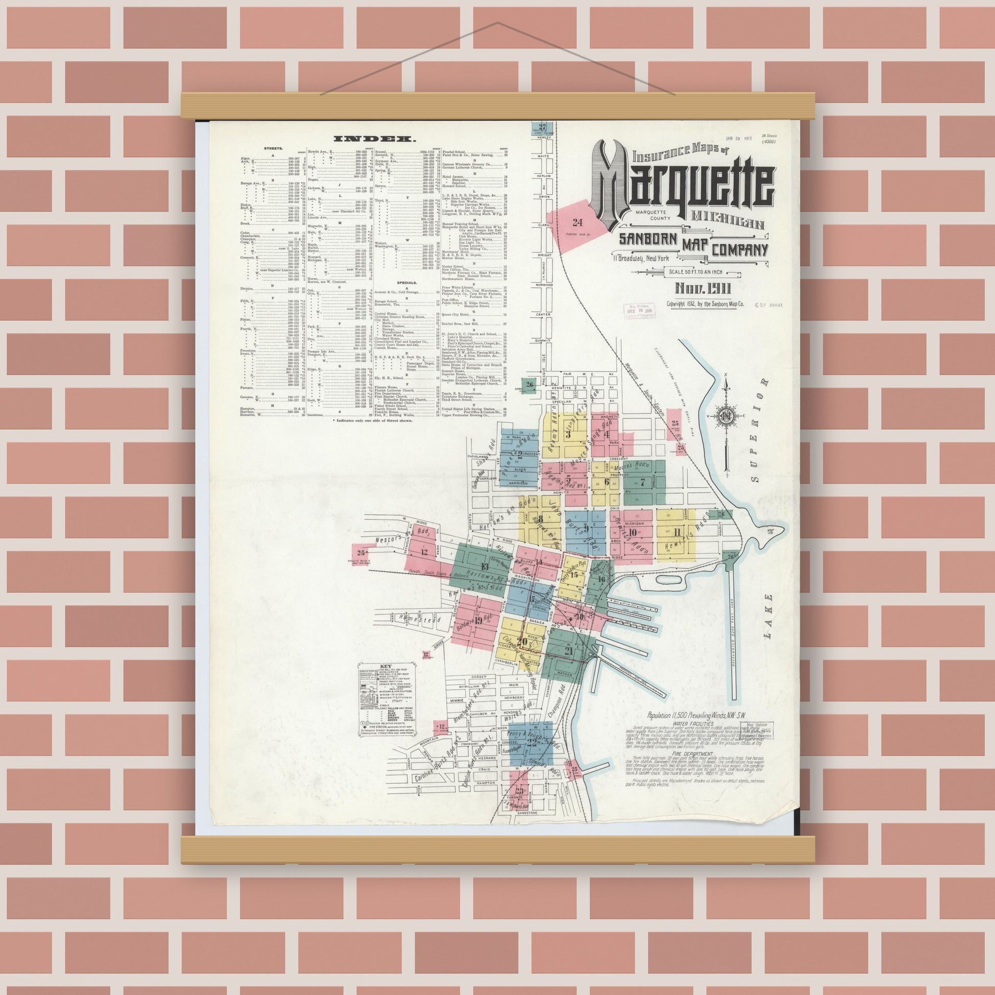 Old map wall art mockup — magnetic wood frame on brick wall — Sanborn Fire Insurance Map from Marquette, Marquette County, Michigan (1911) - Complete Map Set