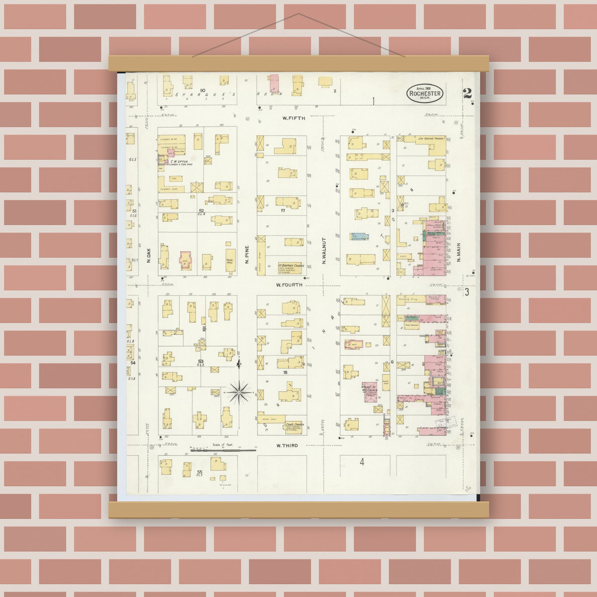 Old map wall art mockup — magnetic wood frame on brick wall — Sanborn Fire Insurance Map from Rochester, Oakland County, Michigan (1908), Sheet #0002