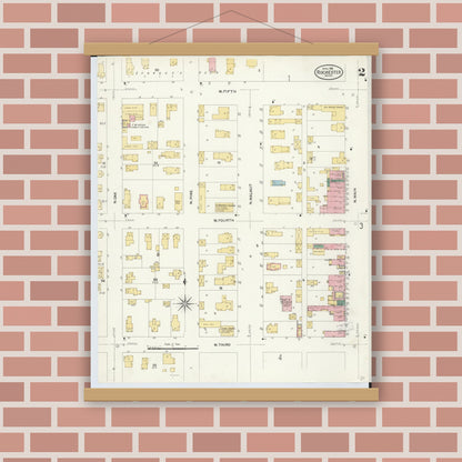 Old map wall art mockup — magnetic wood frame on brick wall — Sanborn Fire Insurance Map from Rochester, Oakland County, Michigan (1908), Sheet #0002