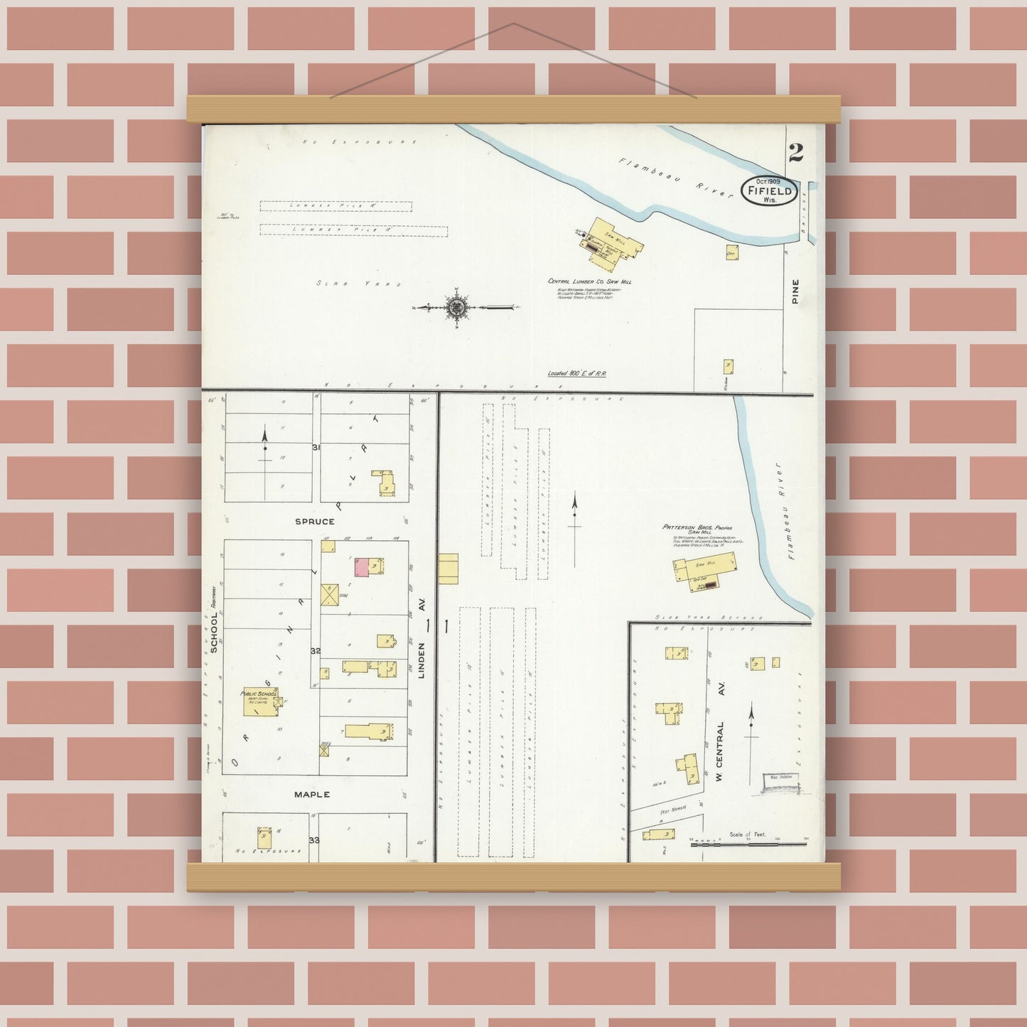 Old map wall art mockup — magnetic wood frame on brick wall — Sanborn Fire Insurance Map from Fifield, Price County, Wisconsin (1909), Sheet #0002