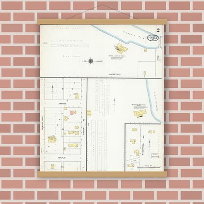 Old map wall art mockup — magnetic wood frame on brick wall — Sanborn Fire Insurance Map from Fifield, Price County, Wisconsin (1909), Sheet #0002