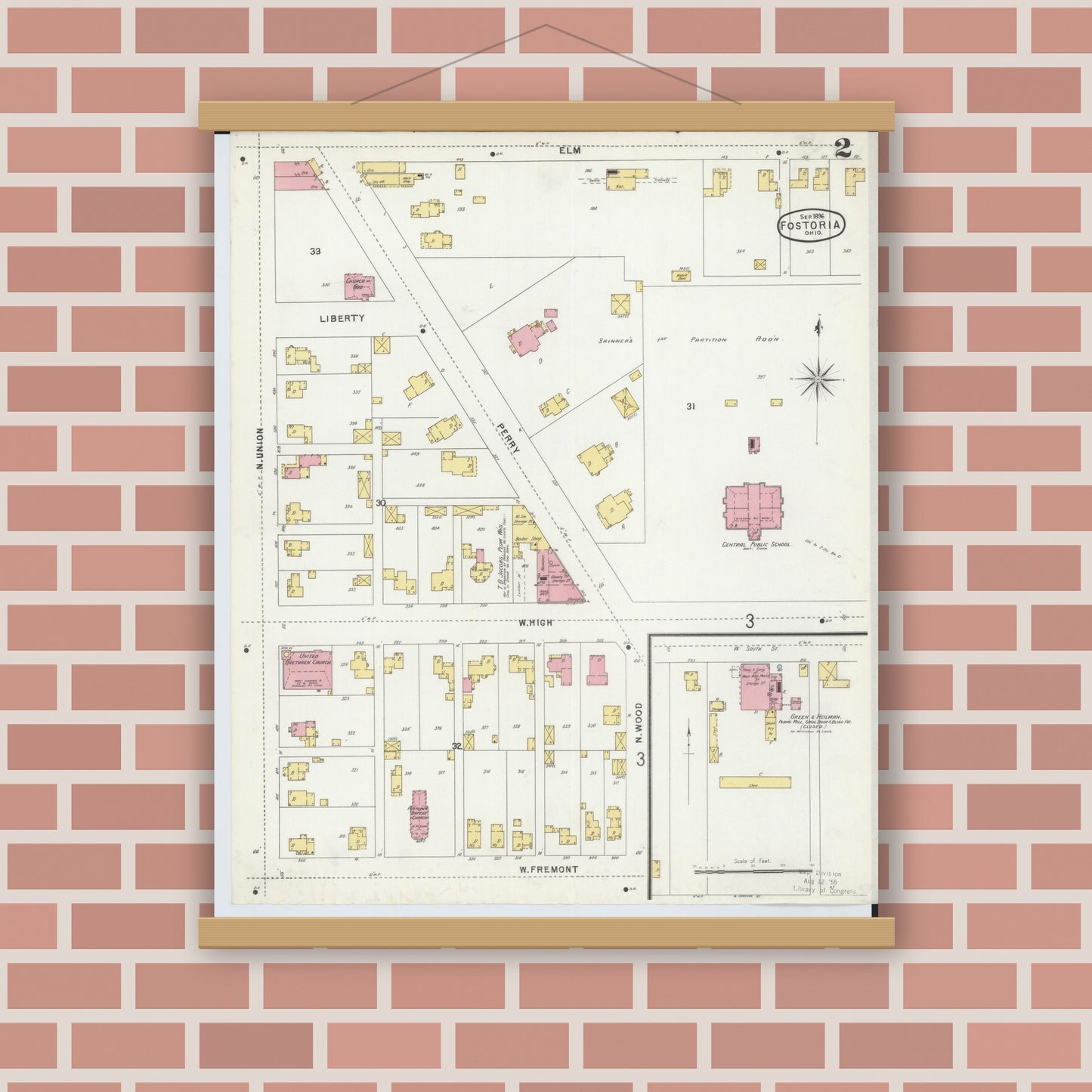 Old map wall art mockup — magnetic wood frame on brick wall — Sanborn Fire Insurance Map from Fostoria, Seneca, Hancock, And Wood Counties, Ohio (1896), Sheet #0002