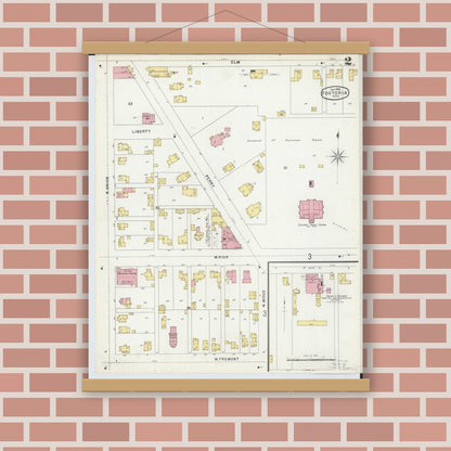 Old map wall art mockup — magnetic wood frame on brick wall — Sanborn Fire Insurance Map from Fostoria, Seneca, Hancock, And Wood Counties, Ohio (1896), Sheet #0002
