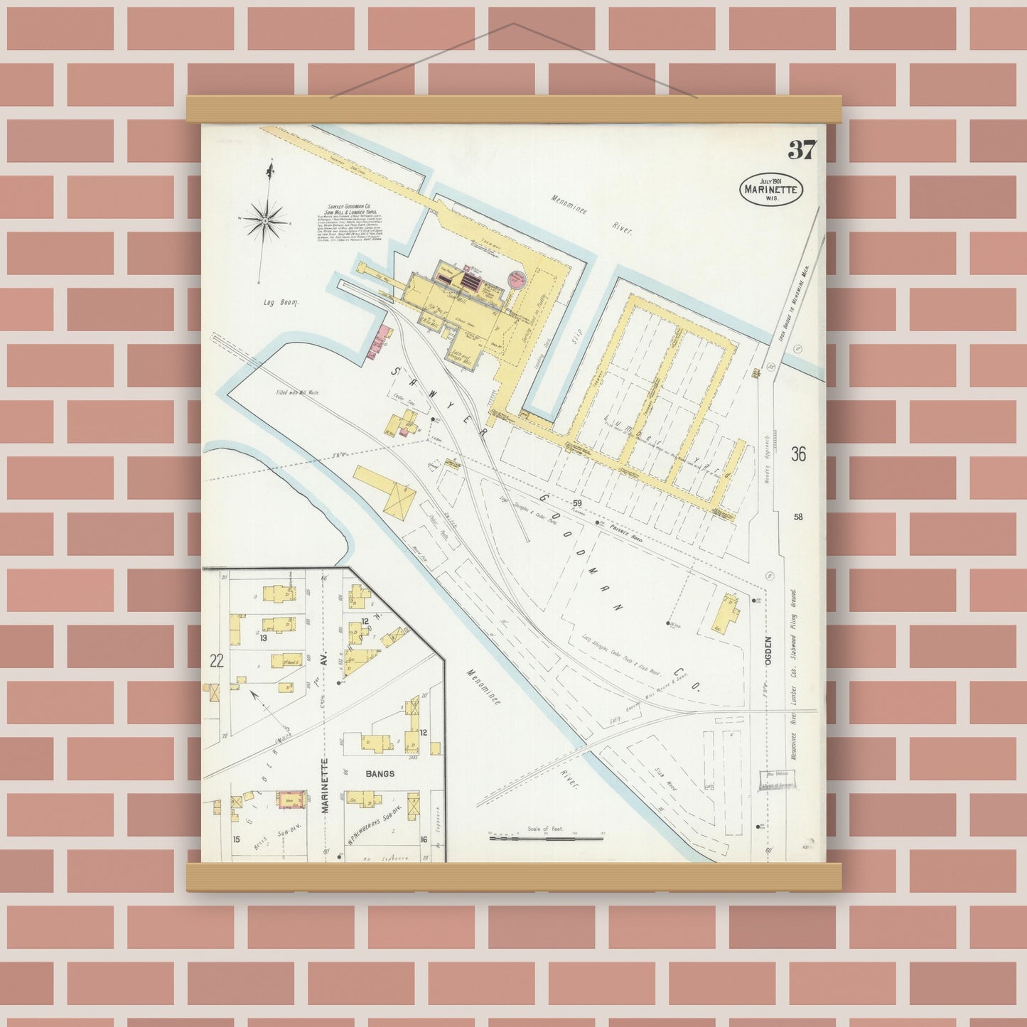 Old map wall art mockup — magnetic wood frame on brick wall — Sanborn Fire Insurance Map from Marinette, Marinette County, Wisconsin (1901), Sheet #0037