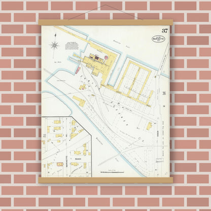 Old map wall art mockup — magnetic wood frame on brick wall — Sanborn Fire Insurance Map from Marinette, Marinette County, Wisconsin (1901), Sheet #0037