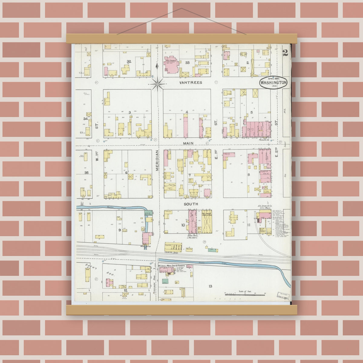 Old map wall art mockup — magnetic wood frame on brick wall — Sanborn Fire Insurance Map from Washington, Daviess County, Indiana (1892), Sheet #0002