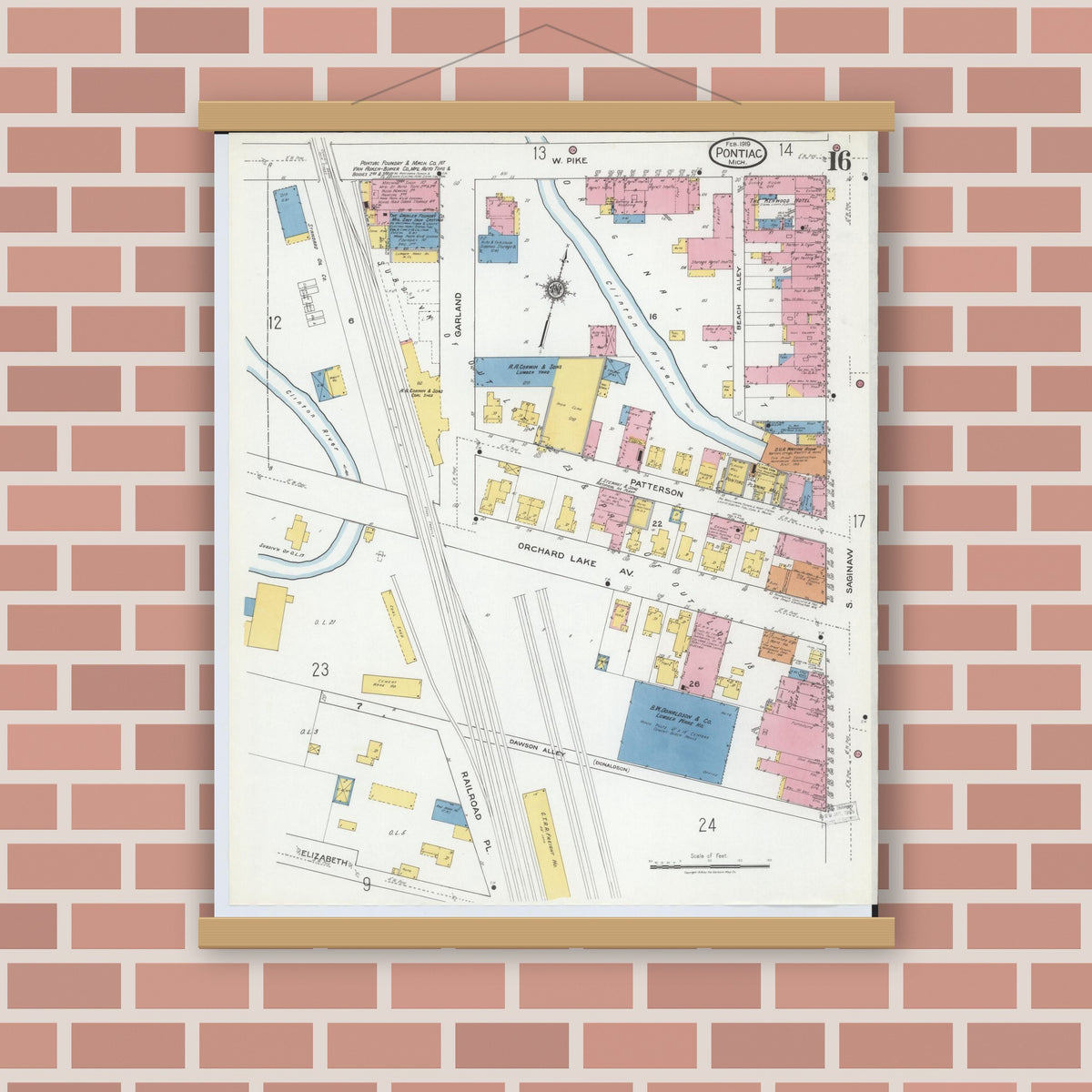 Old map wall art mockup — magnetic wood frame on brick wall — Sanborn Fire Insurance Map from Pontiac, Oakland County, Michigan (1919), Sheet #0016