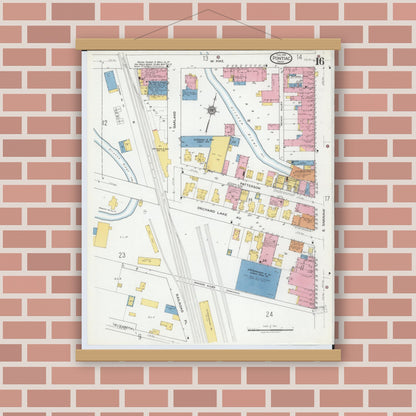 Old map wall art mockup — magnetic wood frame on brick wall — Sanborn Fire Insurance Map from Pontiac, Oakland County, Michigan (1919), Sheet #0016