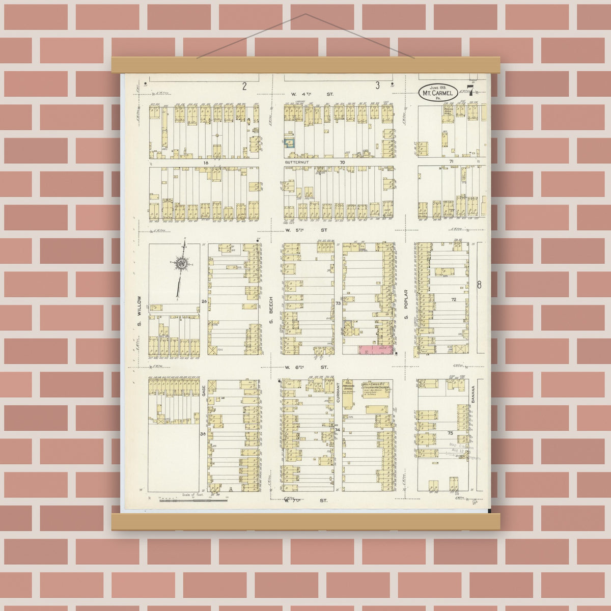 Old map wall art mockup — magnetic wood frame on brick wall — Sanborn Fire Insurance Map from Mount Carmel, Northumberland County, Pennsylvania (1913), Sheet #0007