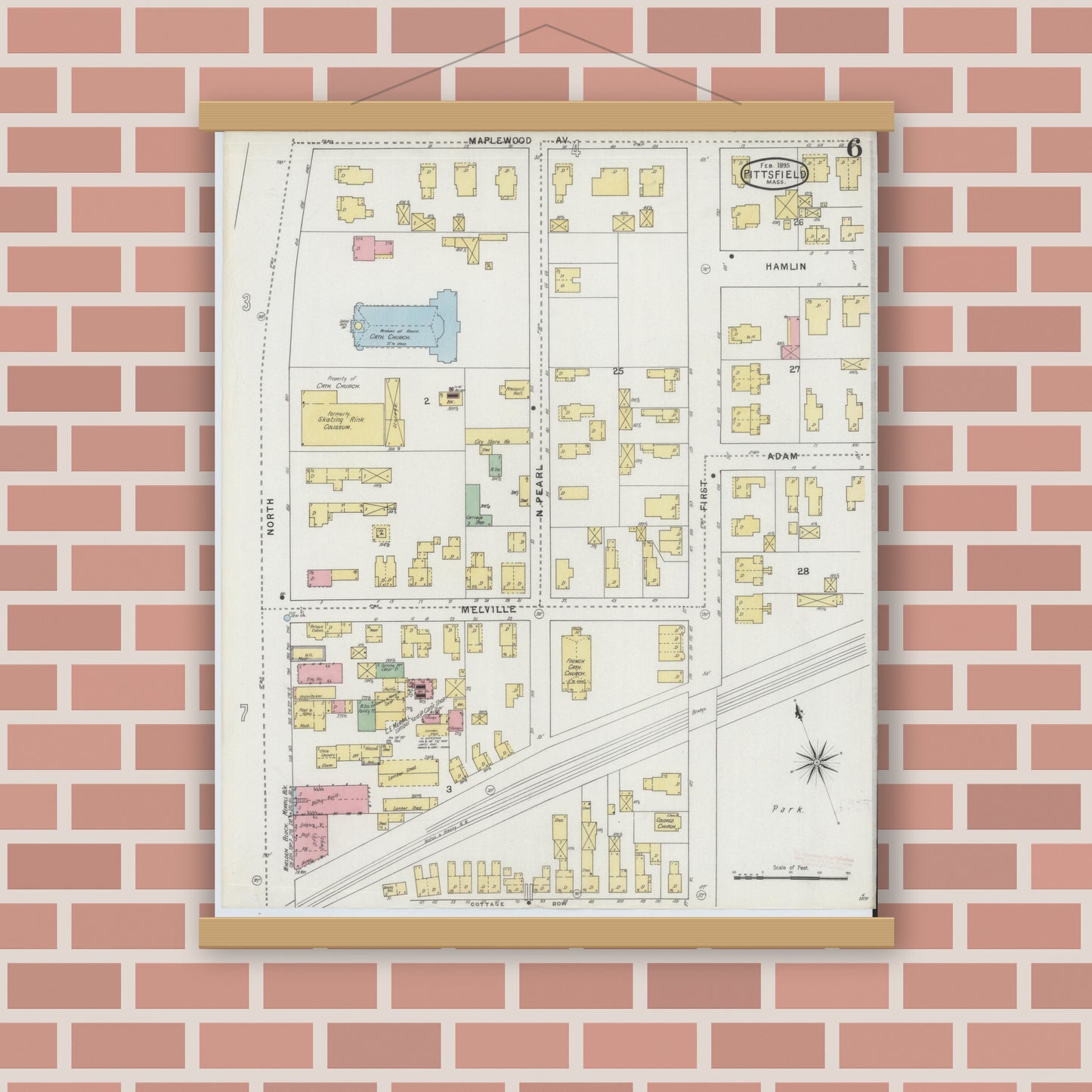 Old map wall art mockup — magnetic wood frame on brick wall — Sanborn Fire Insurance Map from Pittsfield, Berkshire County, Massachusetts (1895), Sheet #0006