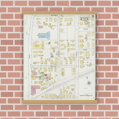 Old map wall art mockup — magnetic wood frame on brick wall — Sanborn Fire Insurance Map from Pittsfield, Berkshire County, Massachusetts (1895), Sheet #0006