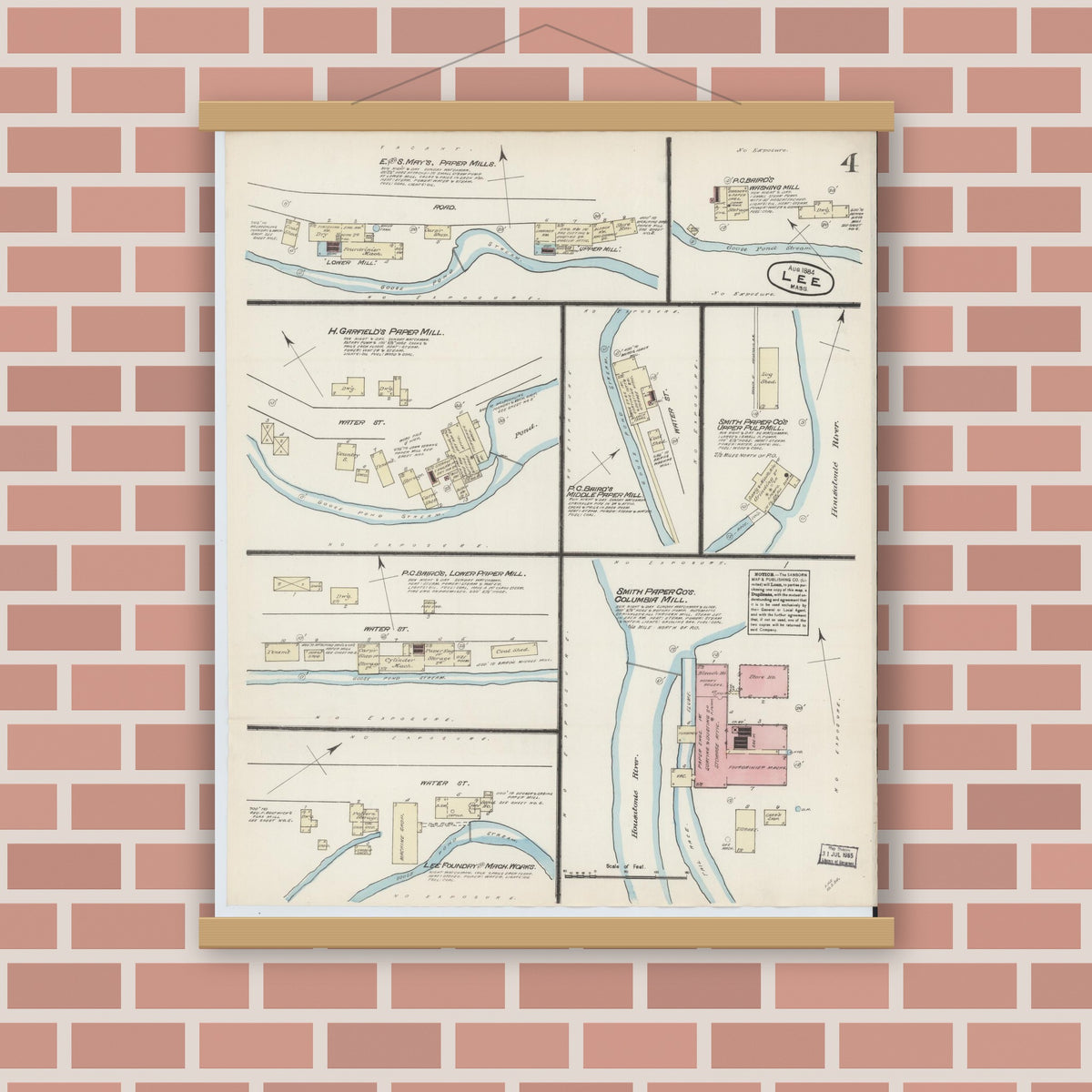 Old map wall art mockup — magnetic wood frame on brick wall — Sanborn Fire Insurance Map from Lee, Berkshire County, Massachusetts (1884), Sheet #0004